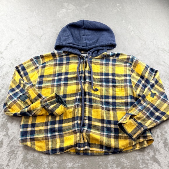 American Eagle Outfitters Tops - American Eagle Outfitters Women's Large Yellow Blue Plaid Hooded Flannel Shirt